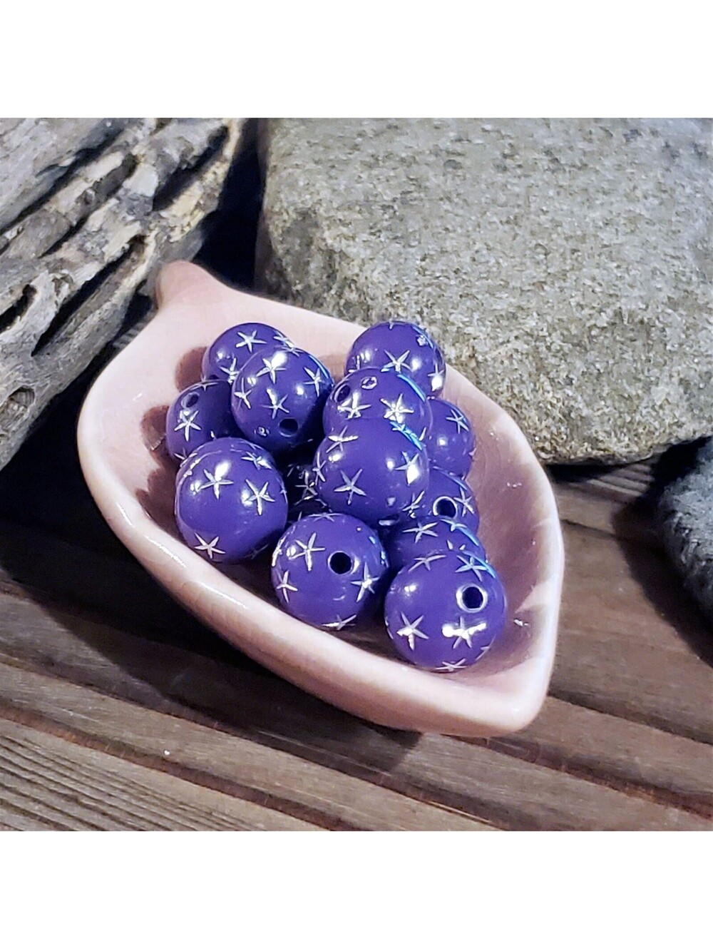 Vintage Retro Purple Silver Stars 12mm Round Acrylic Shabby Chic Beads 10 pcs - Picture 4 of 7